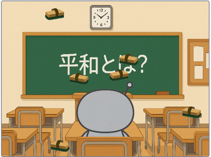 黒板に平和とはと書かれた画面
